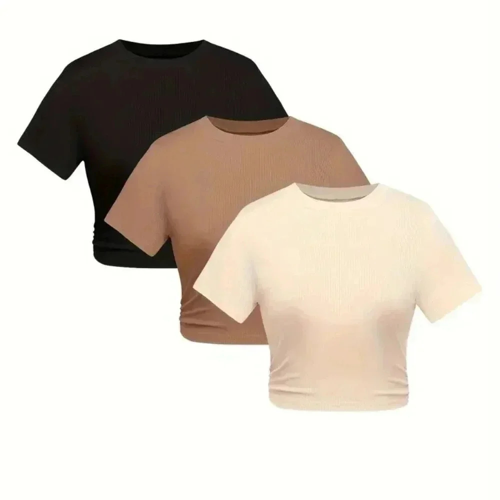 3PK Rib-Crew Neck Ruched Crop Top (Color: Black+Light Brown+ Cream)